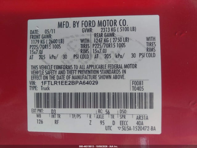 2011 Ford Ranger Xlt მანქანა იყიდება აუქციონზე, vin: 1FTLR1EE2BPA64029, აუქციონის ნომერი: 46319513
