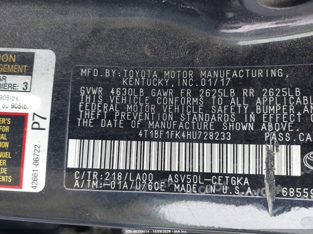 Aukcja sprzedaży 2017 Toyota Camry Xle, vin: 4T1BF1FK4HU728233, numer aukcji: 46319514