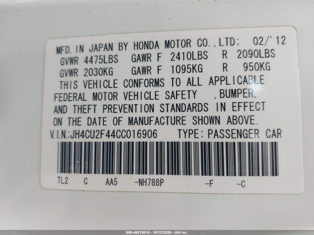 Продаж на аукціоні авто 2012 Acura Tsx 2.4, vin: JH4CU2F44CC016906, номер лоту: 46319516