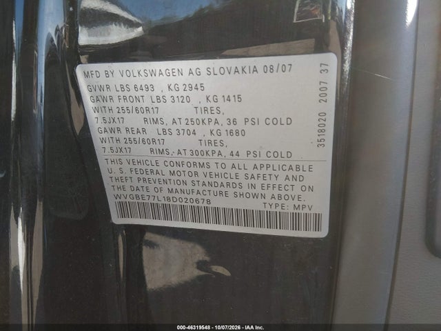 46319548 :رقم المزاد ، WVGBE77L18D020678 vin ، 2008 Volkswagen Touareg 2 Vr6 Fsi مزاد بيع