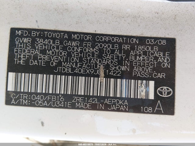 46319578 :رقم المزاد ، JTDBL40EX9J011422 vin ، 2009 Toyota Corolla Le مزاد بيع