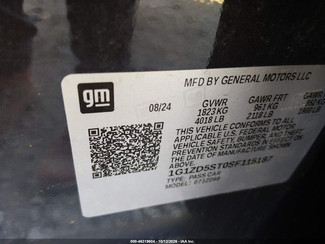 46319604 :رقم المزاد ، 1G1ZD5ST0SF115187 vin ، 2025 Chevrolet Malibu Fwd 1lt مزاد بيع