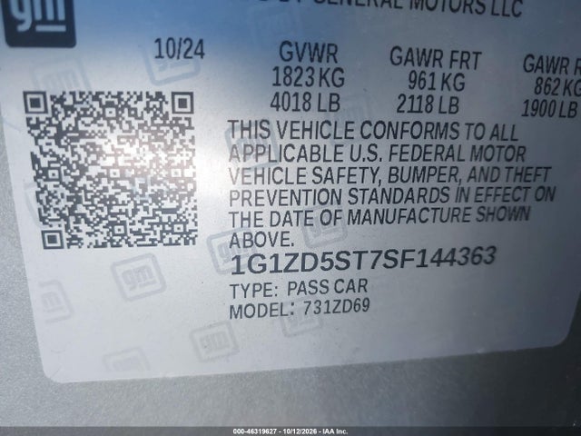 Aukcja sprzedaży 2025 Chevrolet Malibu Fwd 1lt, vin: 1G1ZD5ST7SF144363, numer aukcji: 46319627