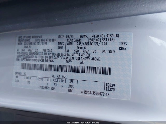 Aukcja sprzedaży 2025 Ford Transit-250, vin: 1FTBR1C86SKB19166, numer aukcji: 46319641