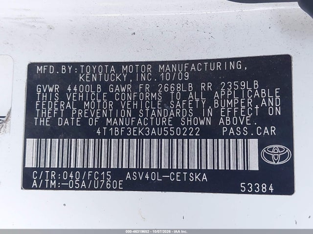 Aukcja sprzedaży 2010 Toyota Camry Se, vin: 4T1BF3EK3AU550222, numer aukcji: 46319652