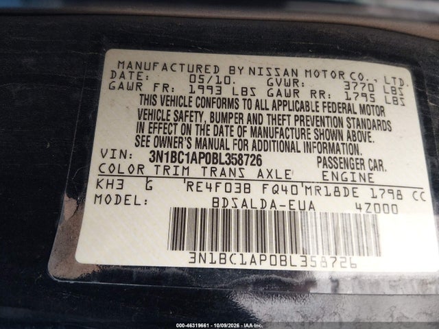 46319661 :رقم المزاد ، 3N1BC1AP0BL358726 vin ، 2011 Nissan Versa 1.8s مزاد بيع