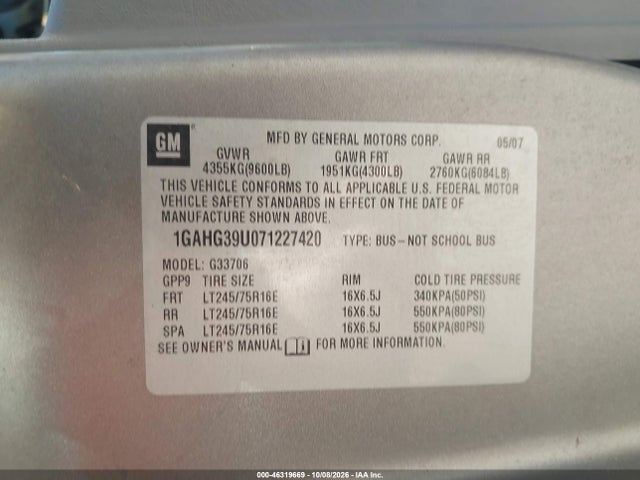 46319669 :رقم المزاد ، 1GAHG39U071227420 vin ، 2007 Chevrolet Express Ls مزاد بيع