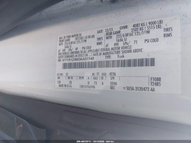 46319711 :رقم المزاد ، 1FTYR1ZM6GKA51148 vin ، 2016 Ford Transit-250 مزاد بيع