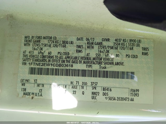 46319727 :رقم المزاد ، 1FTNE2EW1CDB03618 vin ، 2012 Ford E-250 Commercial مزاد بيع