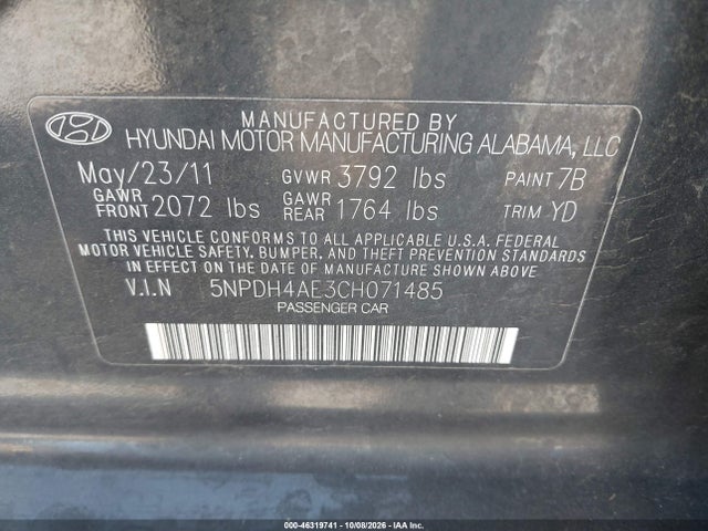 46319741 :رقم المزاد ، 5NPDH4AE3CH071485 vin ، 2012 Hyundai Elantra Gls مزاد بيع