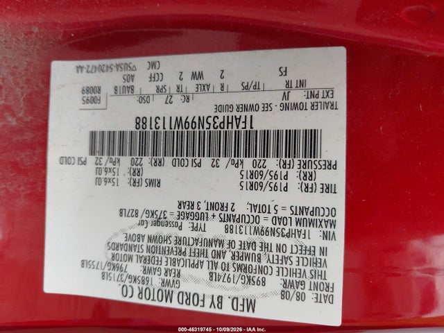 46319745 :رقم المزاد ، 1FAHP35N99W113188 vin ، 2009 Ford Focus Se مزاد بيع