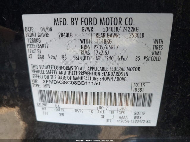 Aukcja sprzedaży 2008 Ford Edge Sel, vin: 2FMDK38C08BB11150, numer aukcji: 46319776
