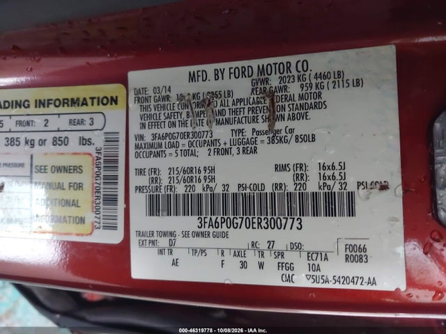 Продаж на аукціоні авто 2014 Ford Fusion S, vin: 3FA6P0G70ER300773, номер лоту: 46319778