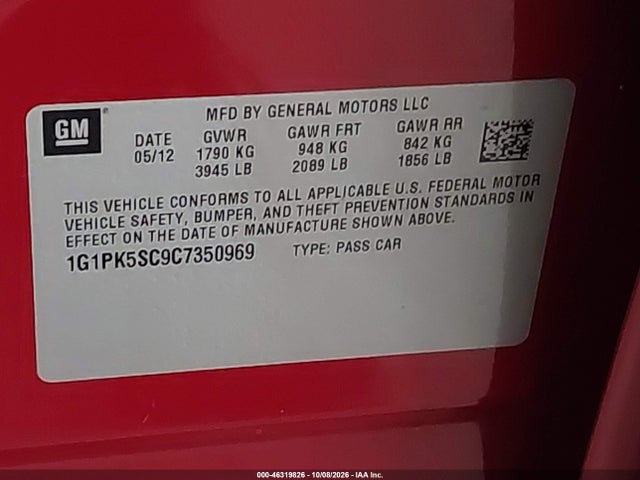 46319826 :رقم المزاد ، 1G1PK5SC9C7350969 vin ، 2012 Chevrolet Cruze Eco مزاد بيع
