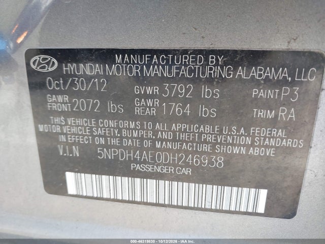 46319830 :رقم المزاد ، 5NPDH4AE0DH246938 vin ، 2013 Hyundai Elantra Gls مزاد بيع