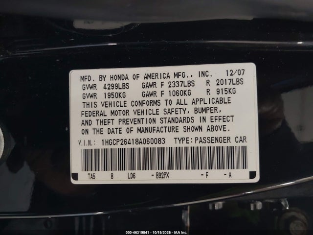 46319841 :رقم المزاد ، 1HGCP26418A060083 vin ، 2008 Honda Accord 2.4 Lx-p مزاد بيع