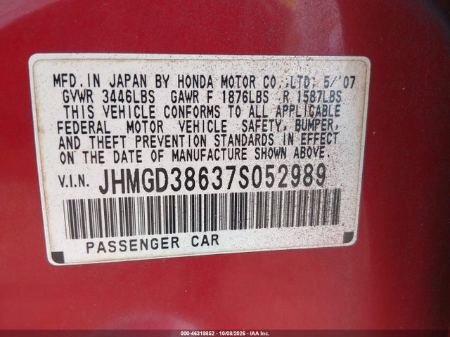 46319852 :رقم المزاد ، JHMGD38637S052989 vin ، 2007 Honda Fit Sport مزاد بيع