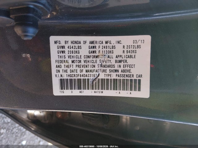 46319860 :رقم المزاد ، 1HGCR3F84DA031674 vin ، 2013 Honda Accord Ex-l V-6 مزاد بيع