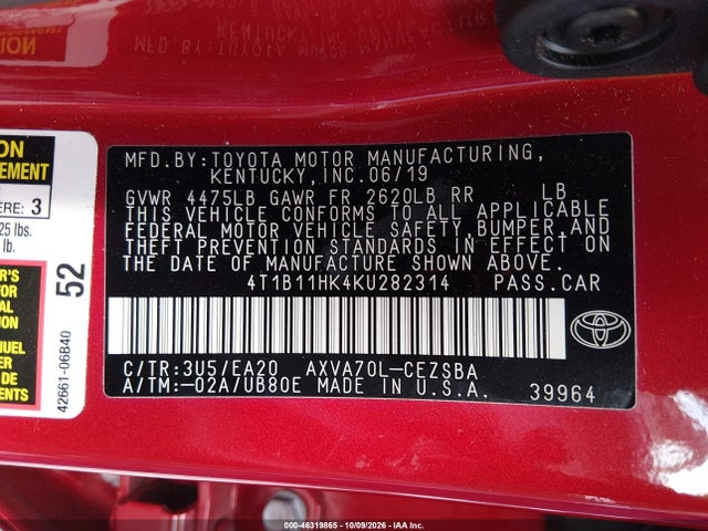 4T1B11HK4KU282314 Toyota CAMRY SE