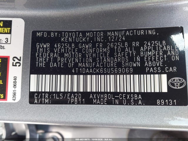 46319875 :رقم المزاد ، 4T1DAACK6SU569069 vin ، 2025 Toyota Camry Se مزاد بيع