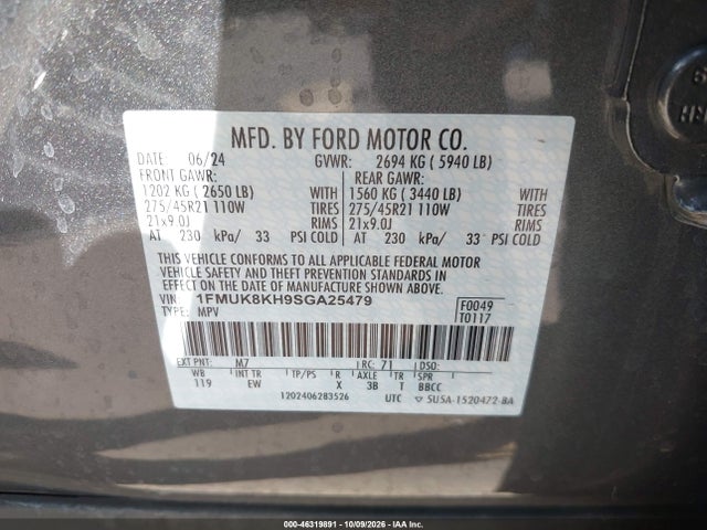 46319891 :رقم المزاد ، 1FMUK8KH9SGA25479 vin ، 2025 Ford Explorer St-line مزاد بيع