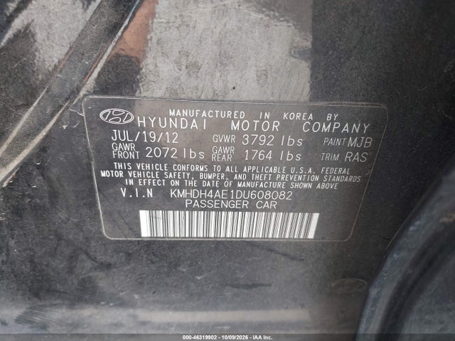 2013 Hyundai Elantra Gls მანქანა იყიდება აუქციონზე, vin: KMHDH4AE1DU608082, აუქციონის ნომერი: 46319902
