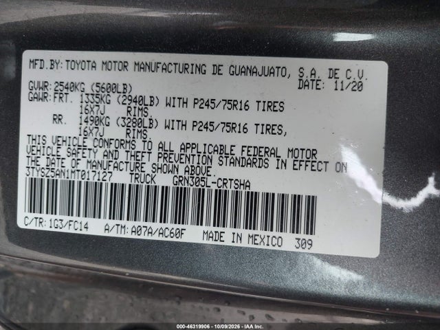 46319906 :رقم المزاد ، 3TYSZ5AN1MT017127 vin ، 2021 Toyota Tacoma Sr5 V6 مزاد بيع