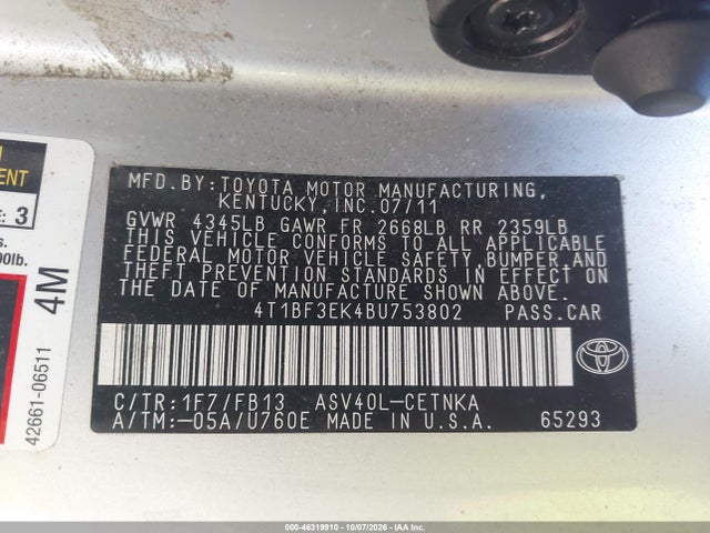 2011 Toyota Camry Le მანქანა იყიდება აუქციონზე, vin: 4T1BF3EK4BU753802, აუქციონის ნომერი: 46319910