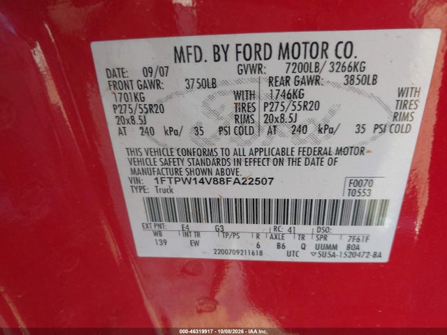 46319917 :رقم المزاد ، 1FTPW14V88FA22507 vin ، 2008 Ford F-150 Lariat مزاد بيع
