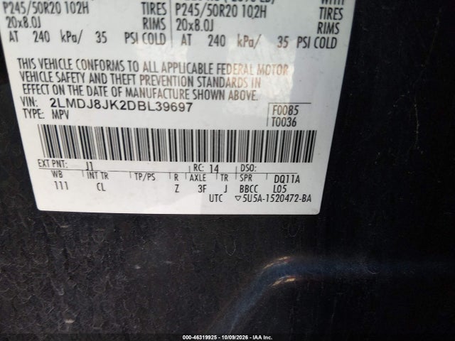 46319925 :رقم المزاد ، 2LMDJ8JK2DBL39697 vin ، 2013 Lincoln Mkx مزاد بيع