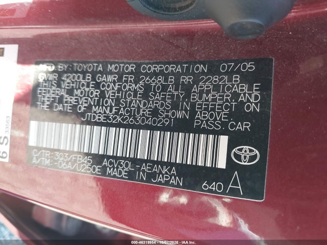 46319954 :رقم المزاد ، JTDBE32K263040291 vin ، 2006 Toyota Camry Le مزاد بيع