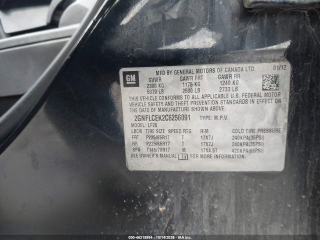 Aukcja sprzedaży 2012 Chevrolet Equinox Ls, vin: 2GNFLCEK2C6256091, numer aukcji: 46319994
