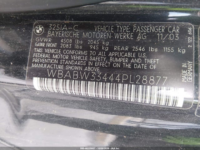Aukcja sprzedaży 2004 Bmw 325ci, vin: WBABW33444PL28877, numer aukcji: 46320007
