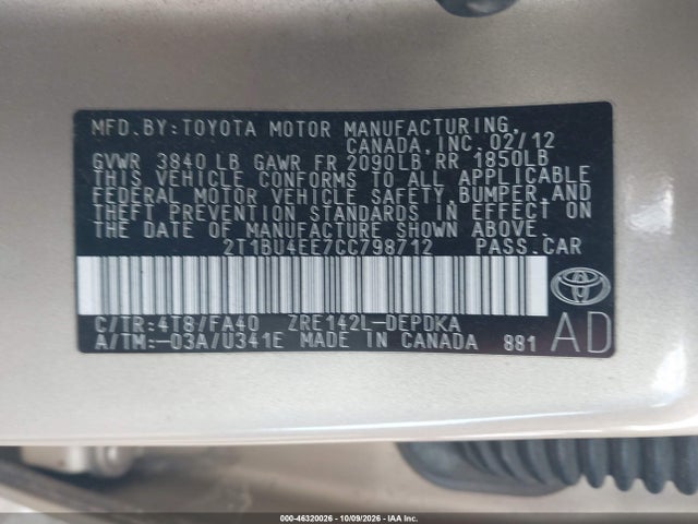 46320026 :رقم المزاد ، 2T1BU4EE7CC798712 vin ، 2012 Toyota Corolla L مزاد بيع