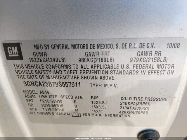 Продаж на аукціоні авто 2009 Chevrolet Hhr Lt, vin: 3GNCA23B79S557911, номер лоту: 46320033