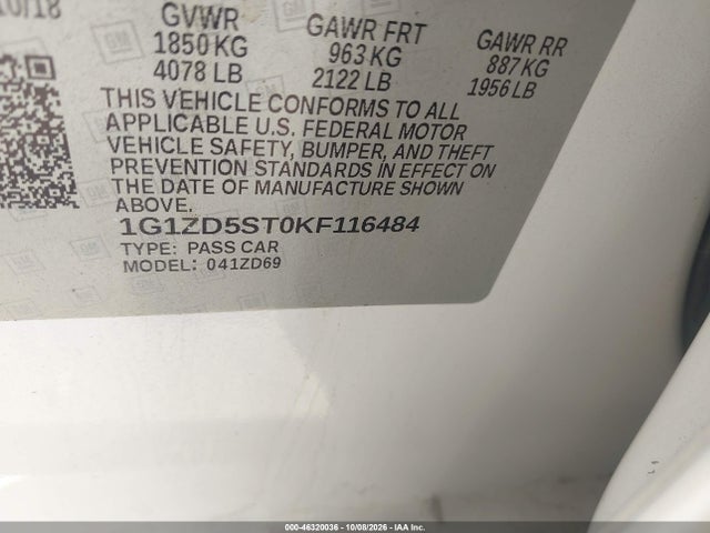 46320036 :رقم المزاد ، 1G1ZD5ST0KF116484 vin ، 2019 Chevrolet Malibu Lt مزاد بيع