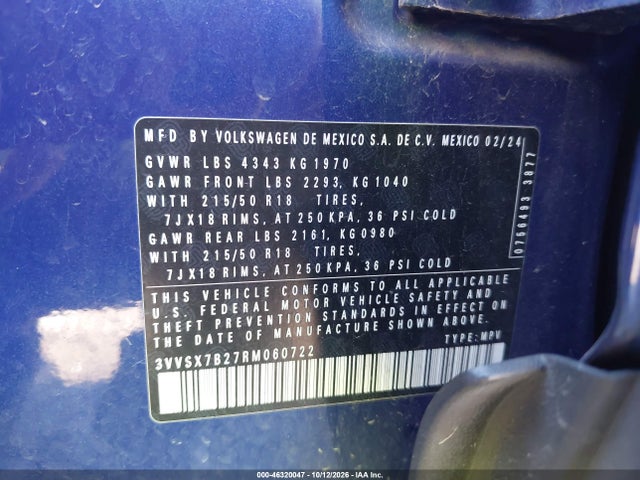 2024 Volkswagen Taos 1.5t Se მანქანა იყიდება აუქციონზე, vin: 3VVSX7B27RM060722, აუქციონის ნომერი: 46320047