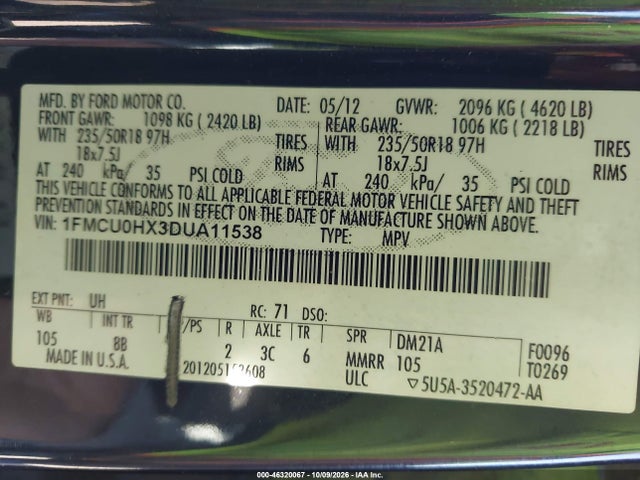 Aukcja sprzedaży 2013 Ford Escape Sel, vin: 1FMCU0HX3DUA11538, numer aukcji: 46320067
