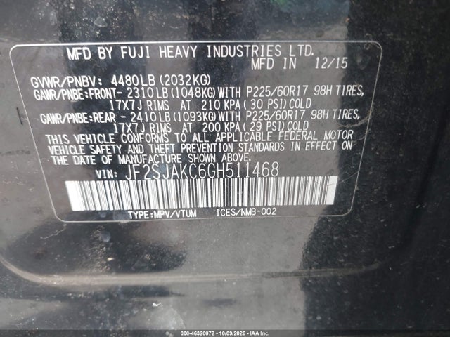 Продаж на аукціоні авто 2016 Subaru Forester 2.5i Limited, vin: JF2SJAKC6GH511468, номер лоту: 46320072