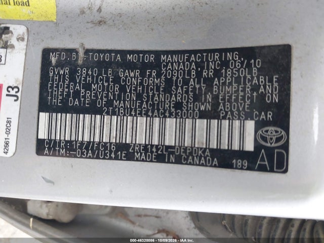 Продаж на аукціоні авто 2010 Toyota Corolla Le, vin: 2T1BU4EE4AC433000, номер лоту: 46320086