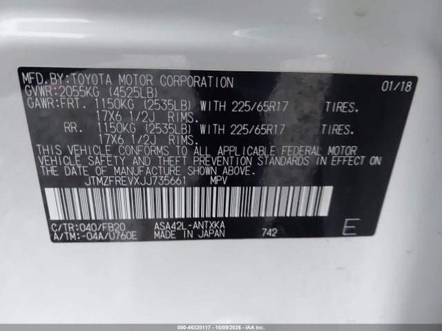 Aukcja sprzedaży 2018 Toyota Rav4 Le, vin: JTMZFREVXJJ735661, numer aukcji: 46320117
