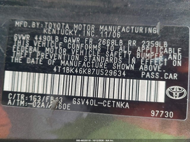 Aukcja sprzedaży 2007 Toyota Camry Le V6, vin: 4T1BK46K87U529634, numer aukcji: 46320119