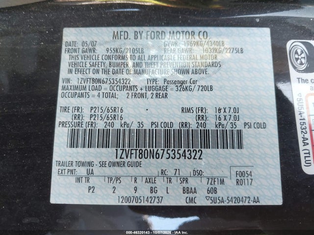Продажа на аукционе авто 2007 Ford Mustang V6 Deluxe/v6 Premium, vin: 1ZVFT80N675354322, номер лота: 46320143