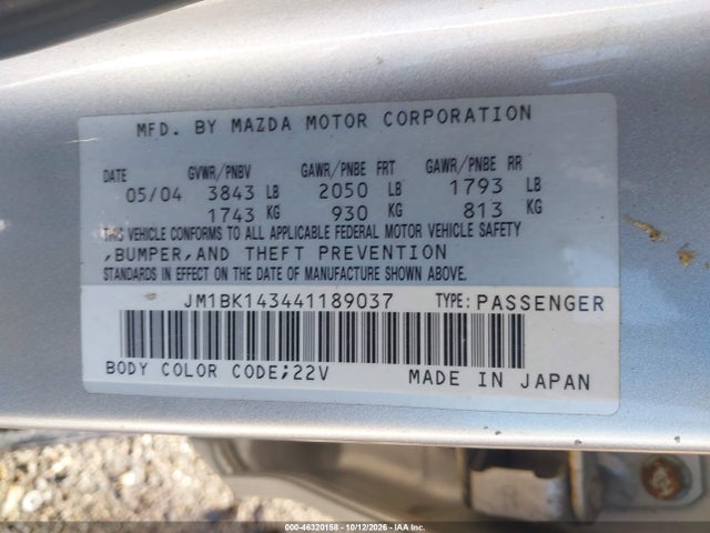 Aukcja sprzedaży 2004 Mazda Mazda3 S, vin: JM1BK143441189037, numer aukcji: 46320158