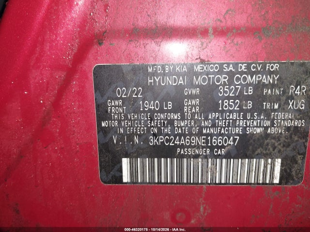 46320175 :رقم المزاد ، 3KPC24A69NE166047 vin ، 2022 Hyundai Accent Se مزاد بيع