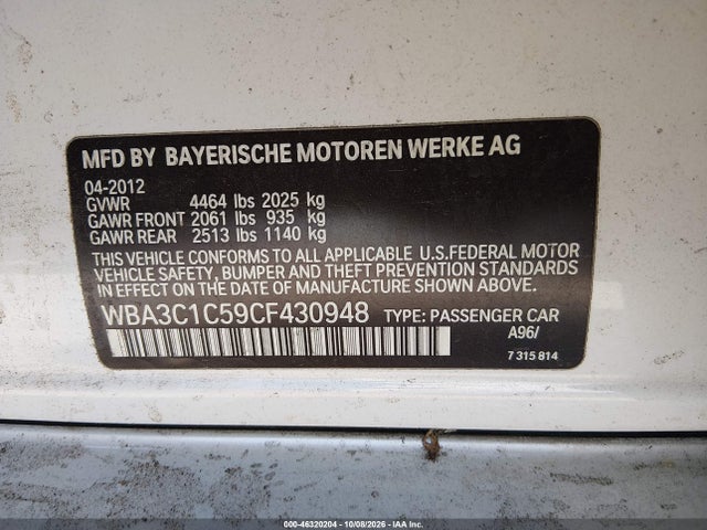 Aukcja sprzedaży 2012 Bmw 328i, vin: WBA3C1C59CF430948, numer aukcji: 46320204