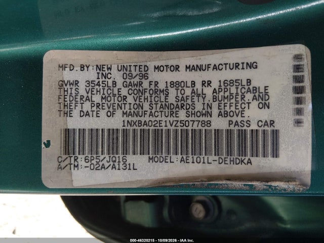 Aukcja sprzedaży 1997 Toyota Corolla Std, vin: 1NXBA02E1VZ507788, numer aukcji: 46320215