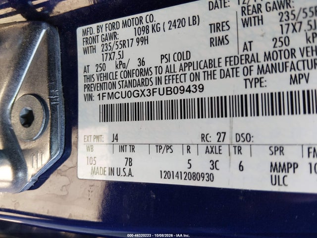 2015 Ford Escape Se მანქანა იყიდება აუქციონზე, vin: 1FMCU0GX3FUB09439, აუქციონის ნომერი: 46320223