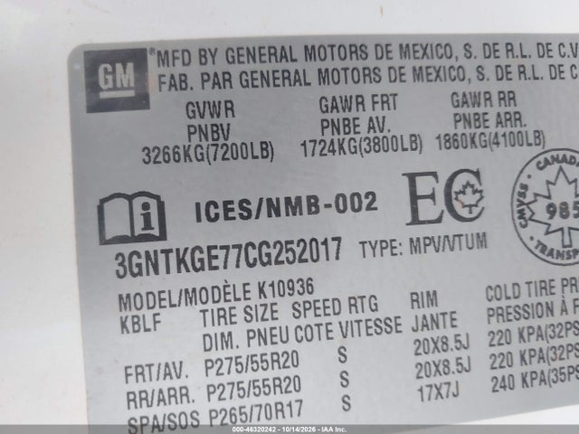 Продажа на аукционе авто 2012 Chevrolet Avalanche 1500 Ltz, vin: 3GNTKGE77CG252017, номер лота: 46320242