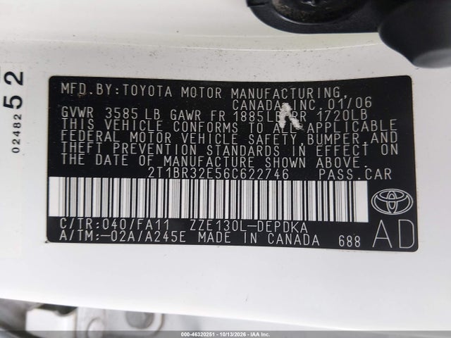 46320251 :رقم المزاد ، 2T1BR32E56C622746 vin ، 2006 Toyota Corolla Ce مزاد بيع